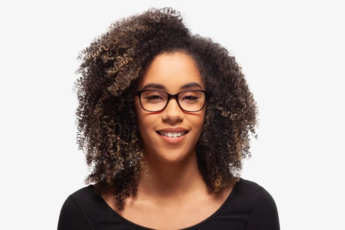Crystal Burgundy Alyssa eyeglasses by Chemistrie worn by female model, front view