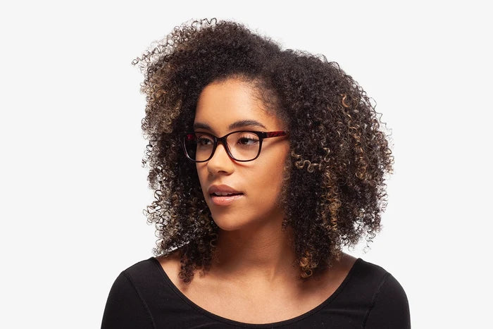 Crystal Burgundy Alyssa eyeglasses by Chemistrie worn by female model, side view
