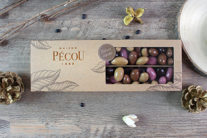 Amandes grillées Pécou Trésor Cacao enrobées de chocolats Ruby noir lait et doré - 230 g
