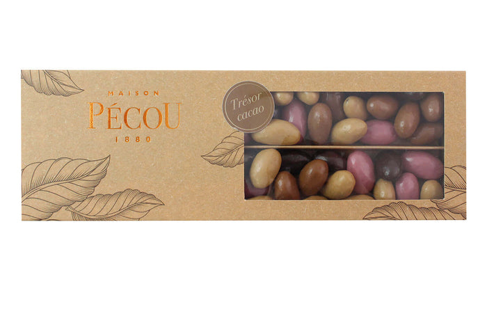 Amandes grillées Pécou Trésor Cacao enrobées de chocolats Ruby noir lait et doré - 230 g