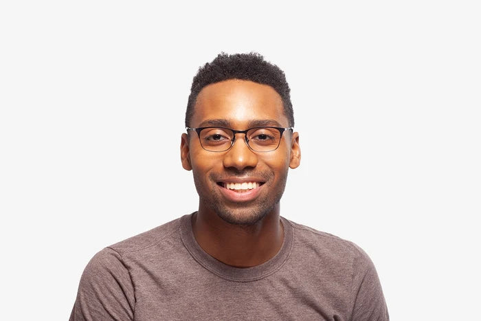 Gunmetal Blue Andrew eyeglasses by Chemistrie worn by male model, front view