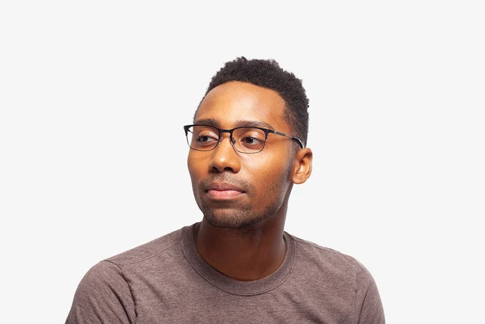 Gunmetal Blue Andrew eyeglasses by Chemistrie worn by male model, side view