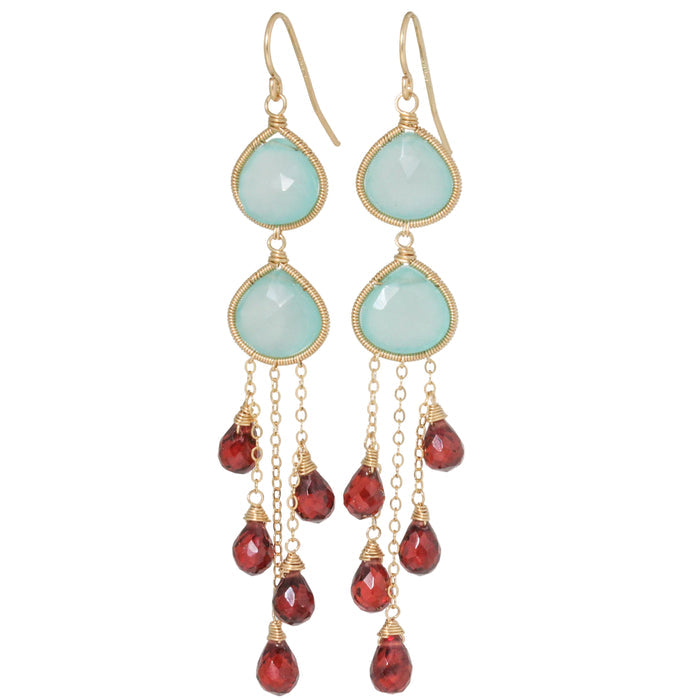 Aqua Chalcedony and Garnet Drop Earrings