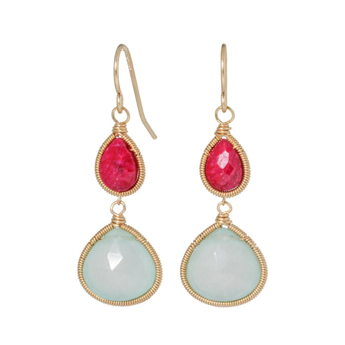 Aqua Chalcedony and Ruby Earrings