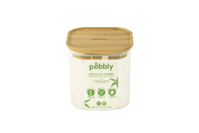 Boîte de conservation haute et carrée en verre Pebbly avec couvercle en bambou - 0,8 l - 0,5 l