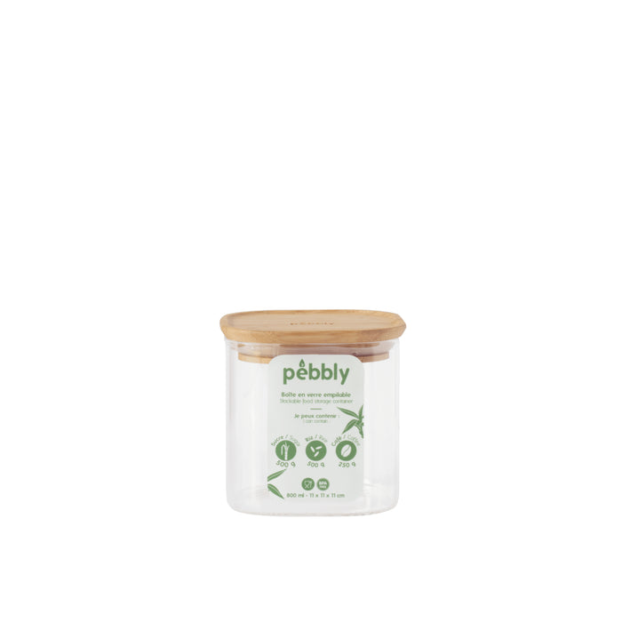 Boîte de conservation haute et carrée en verre Pebbly avec couvercle en bambou