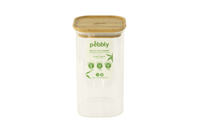 Boîte de conservation haute et carrée en verre Pebbly avec couvercle en bambou - 1,4 l