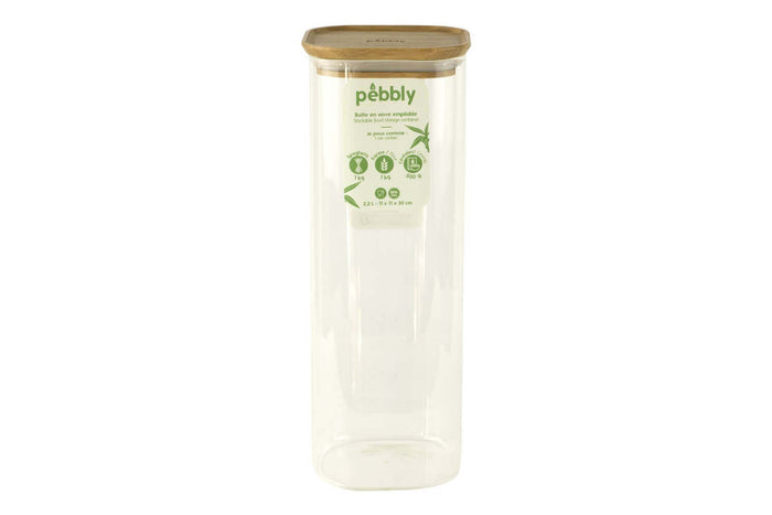 Boîte de conservation haute et carrée en verre Pebbly avec couvercle en bambou - 2,2 l