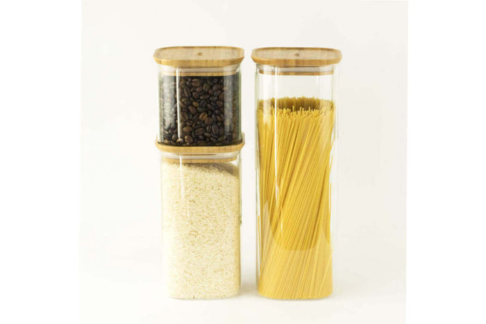 Boîte de conservation haute et carrée en verre Pebbly avec couvercle en bambou - 0,8 l - 1,4 l - 2,2 l