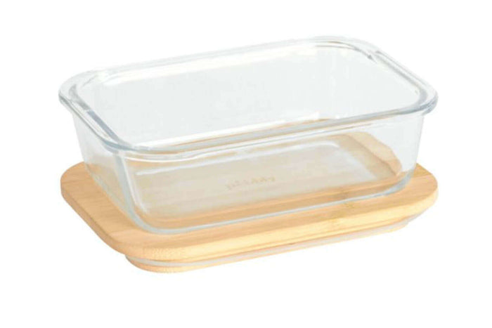 Boîte de conservation rectangulaire en verre Pebbly avec couvercle en bambou