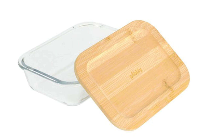 Boîte de conservation rectangulaire en verre Pebbly avec couvercle en bambou