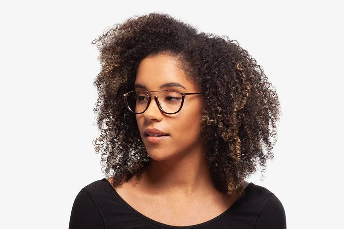 Tortoise Cameron eyeglasses by Chemistrie worn by female model, side view