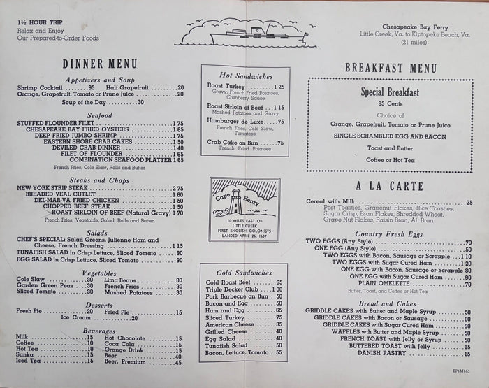 Chesapeake Bay Ferry. Menu