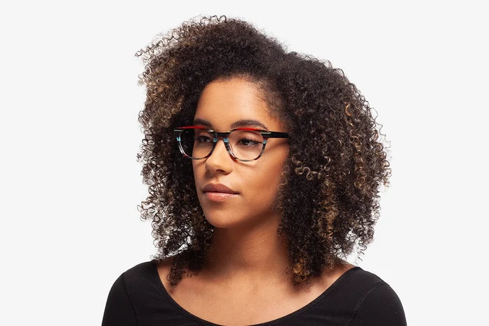 Grey Stripe Chriss eyeglasses by Chemistrie worn by female model, side view