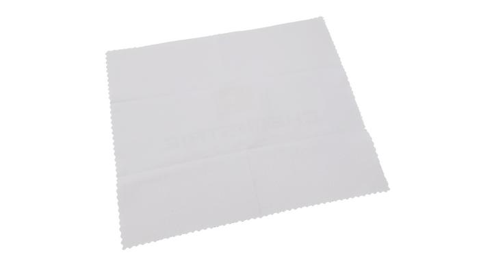 White eyewear cleaning cloth on a white background