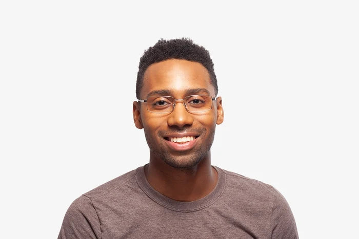 Silver Codie eyeglasses by Chemistrie worn by male model, front view