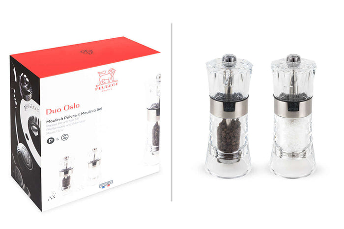 Coffret duo moulin à sel et poivre Peugeot Oslo en acrylique et inox 14cm - Sel sec