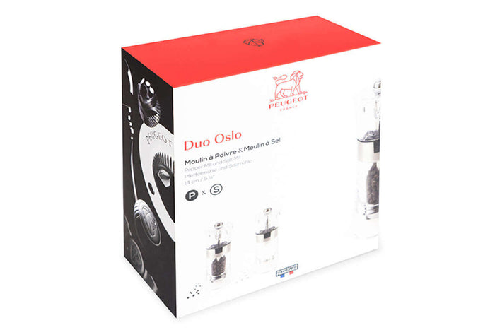 Coffret duo moulin à sel et poivre Peugeot Oslo en acrylique et inox 14cm - Sel sec