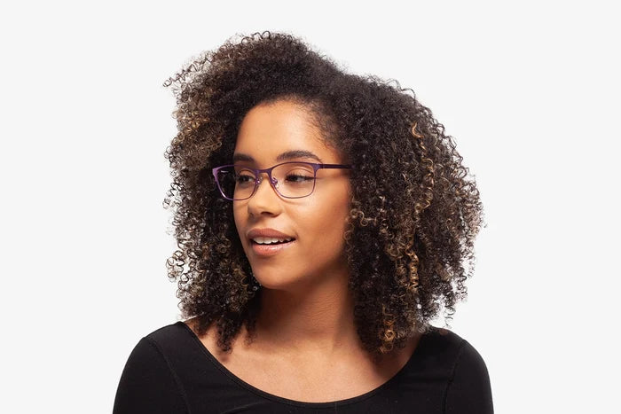 Orchid Colleen eyeglasses by Chemistrie worn by female model, side view