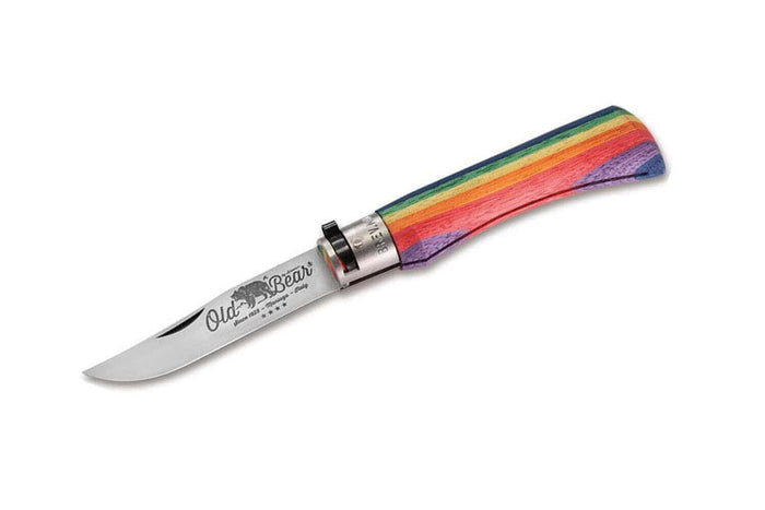 Couteau artisanal Old Bear Rainbow manche bois d'ayous stratifié arc-en-ciel - L