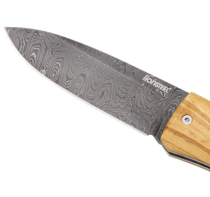 Couteau pliant LionSteel Opera acier damas manche 10cm + lacet - Olivier