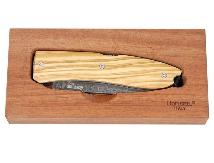 Couteau pliant LionSteel Opera acier damas manche 10cm + lacet - Olivier
