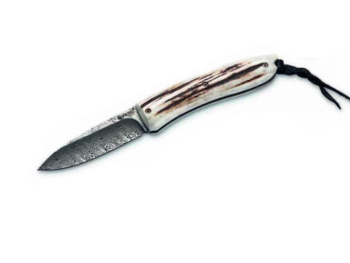 Couteau pliant LionSteel Opera acier damas manche 10cm + lacet - Cerf