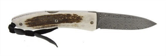 Couteau pliant LionSteel Opera acier damas manche 10cm + lacet - Cerf