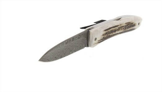 Couteau pliant LionSteel Opera acier damas manche 10cm + lacet - Cerf