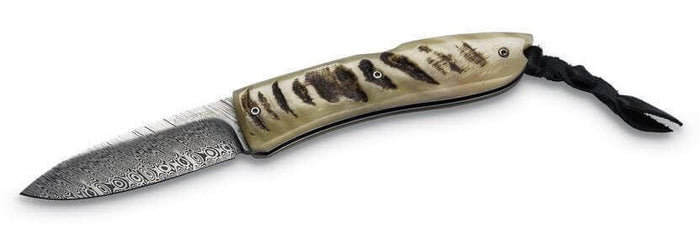 Couteau pliant LionSteel Opera acier damas manche 10cm + lacet - Corne de bélier