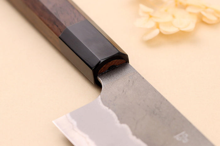 Couteau santoku 18cm japonais artisanal Nigara Hamono Tsuchime AS manche en noyer