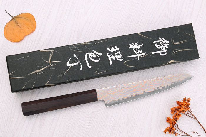 Couteau universel 15cm japonais artisanal Hatsukokoro Hayabusa Rainbow Damas