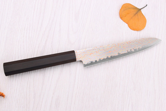 Couteau universel 15cm japonais artisanal Hatsukokoro Hayabusa Rainbow Damas