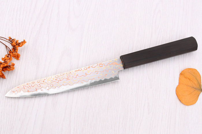 Couteau universel 15cm japonais artisanal Hatsukokoro Hayabusa Rainbow Damas