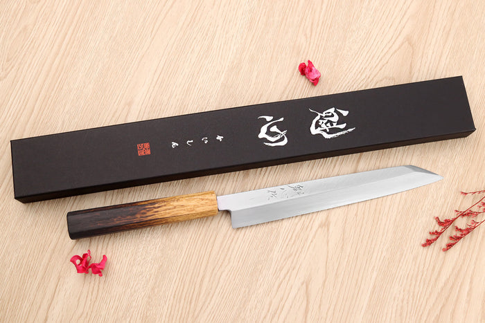 Couteau yanagiba kiritsuke 21cm japonais artisanal Nakamura Kaishin Saku WS2 en chêne