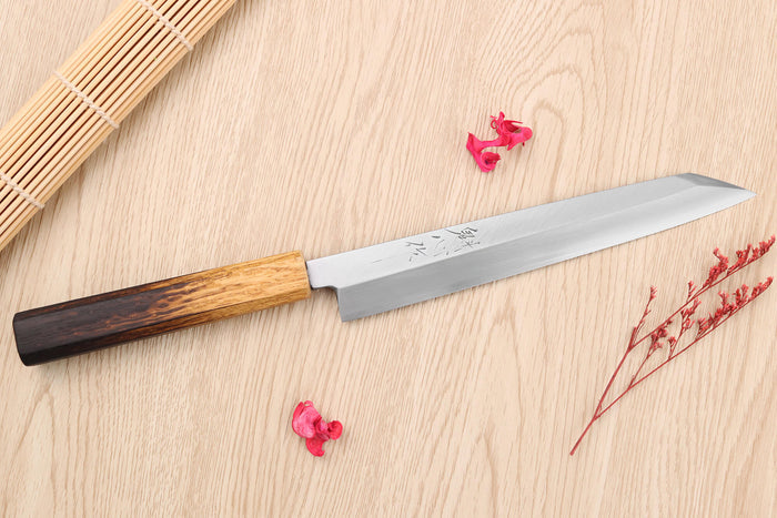 Couteau yanagiba kiritsuke 21cm japonais artisanal Nakamura Kaishin Saku WS2 en chêne