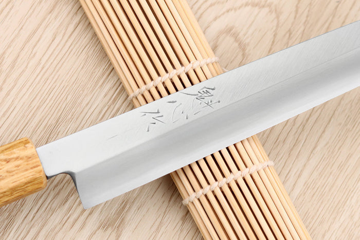 Couteau yanagiba kiritsuke 21cm japonais artisanal Nakamura Kaishin Saku WS2 en chêne