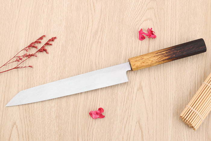 Couteau yanagiba kiritsuke 21cm japonais artisanal Nakamura Kaishin Saku WS2 en chêne