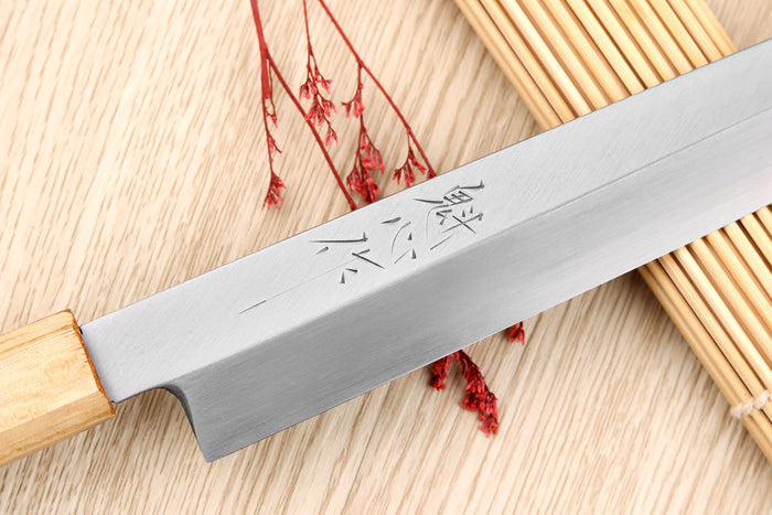 Couteau yanagiba kiritsuke 24cm japonais artisanal Nakamura Kaishin Saku WS2 en chêne