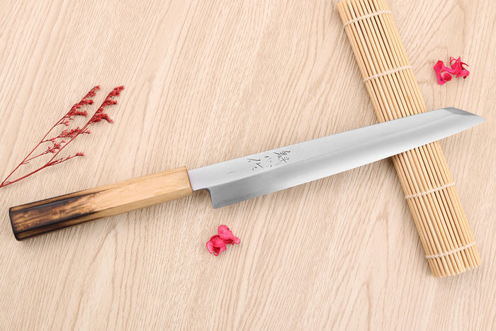 Couteau yanagiba kiritsuke 24cm japonais artisanal Nakamura Kaishin Saku WS2 en chêne