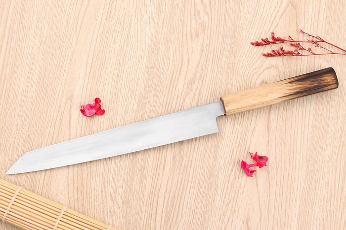 Couteau yanagiba kiritsuke 24cm japonais artisanal Nakamura Kaishin Saku WS2 en chêne