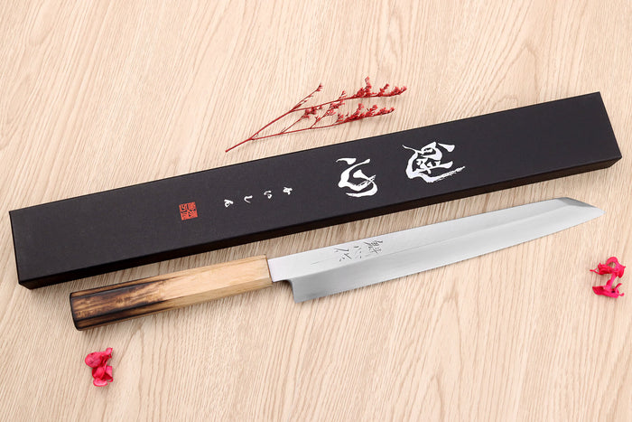 Couteau yanagiba kiritsuke 24cm japonais artisanal Nakamura Kaishin Saku WS2 en chêne