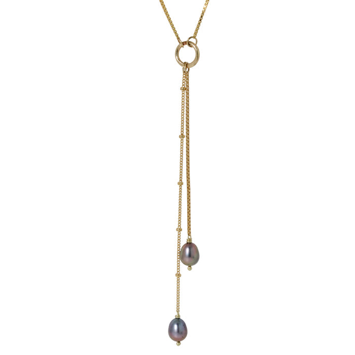 Duet Grey Pearl Lariat Necklace-Lulu Designs