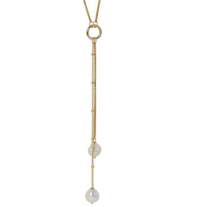 Duet White Pearl Lariat Necklace-Lulu Designs