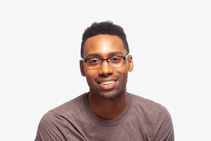 Gunmetal Dylan eyeglasses by Chemistrie worn by male model, front view
