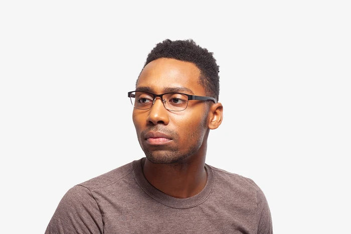 Gunmetal Dylan eyeglasses by Chemistrie worn by male model, side view