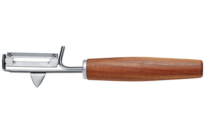 Éplucheur Triangle Sense lame mobile en inox et manche prunier - Gaucher