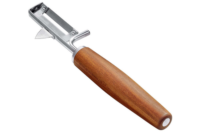 Éplucheur Triangle Sense lame mobile en inox et manche prunier - Gaucher