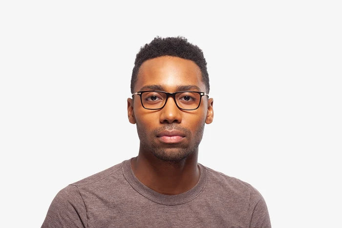 Black Evan eyeglasses by Chemistrie worn by male model, front view