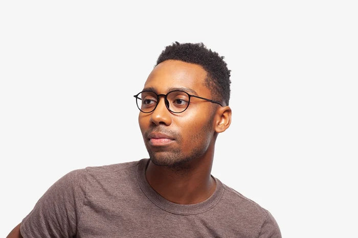 Black Frankie eyeglasses by Chemistrie worn by male model, front view